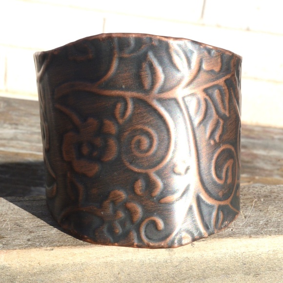 Conceptual Subculture Jewelry - Solid Copper Patina Embossed Cuff Bracelet Floral Flowers Bohemian Handmade Boho